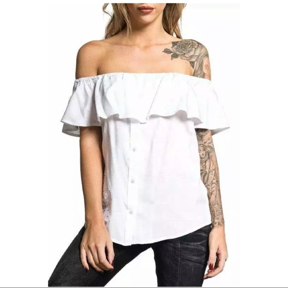 Affliction Sydney Rose Rhinestone Women’s s Off Shoulder Button Up Ruffle Top Wh - Picture 3 of 6